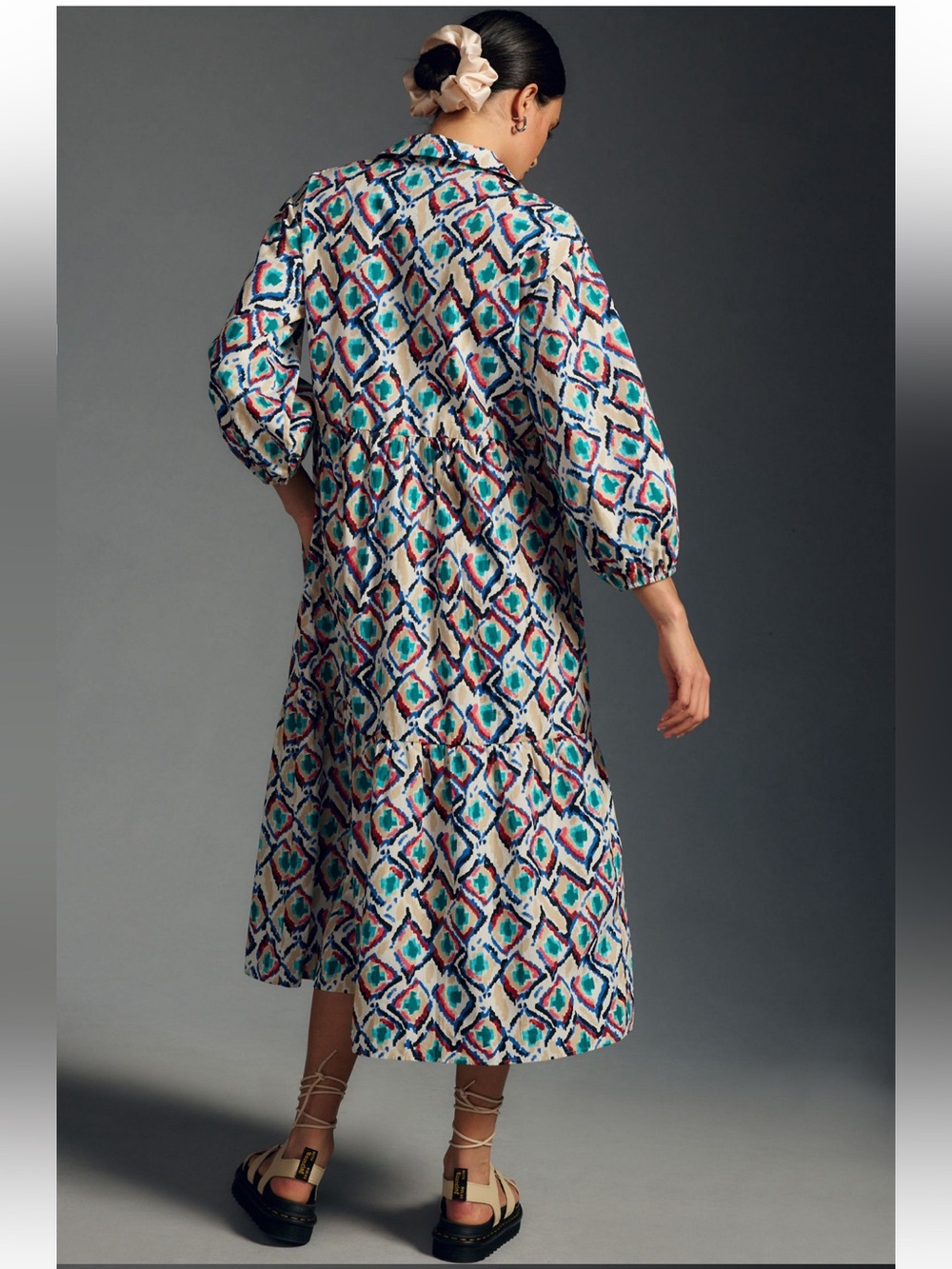 Viral Anthropologie Bettina Tiered Shirt dress. Geometric teal multicolored. Med - Picture 2 of 6